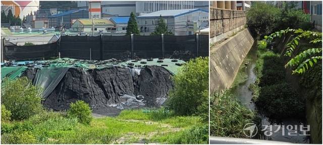 23일 인천 서구 가좌동 일대 무연탄 비축장의 석탄더미가 비바람에 방수포가 벗겨지고 석탄 가루가 인근 하천으로 흘러들어 물빛은 검게 변하고 바닥에는 찌꺼기가 쌓여 있다. 조병석·박귀빈 기자