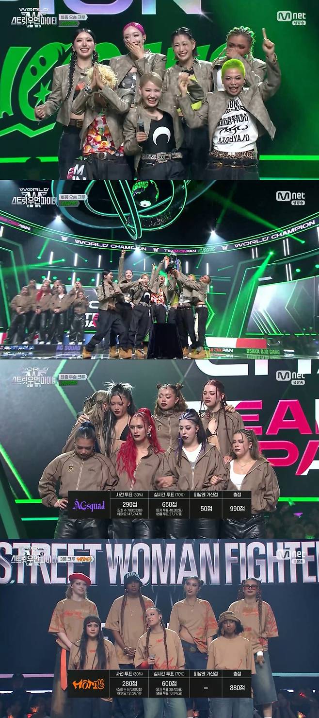 결승을 치룬 세 크루 모습. /사진=Mnet '월드 오브 스트릿 우먼 파이터'