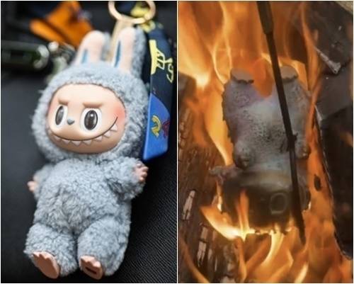한 해외 팬이 라부부 인형을 불태우는 영상이 공개됐다. [타스 연합뉴스·틱톡(@jessicavibezx) 캡처]