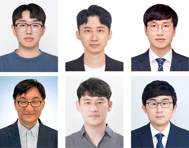 이번 연구를 수행한 공동 연구진. 이경복(윗줄 왼쪽부터 시계방향)한국재료연구원 석·박사 통합과정 학생연구원, 이영대 울산과학기술원 박사, 윤기용 한국재료연구원 박사, 양주찬 한국재료연구원 박사, 송현곤 울산과학기술원 교수, 이호식 울산과학기술원 교수.[한국재료연구원 제공]