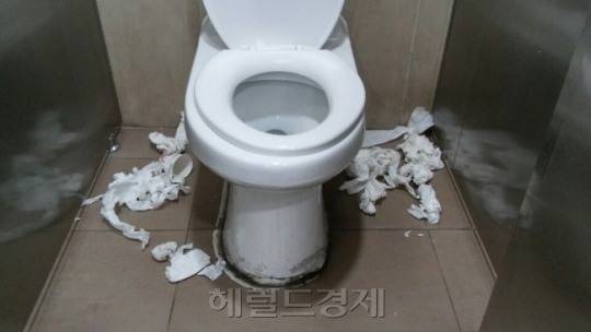 공중 화장실에 휴지가 버려진 모습.[헤럴드DB]