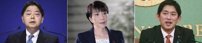 하야시 요시마사(왼쪽) 관방장관·다카이치 사나에(가운데) 전 경제안보담당상·고바야시 다카유키(오른쪽) 전 경제안보상. AP 연합뉴스