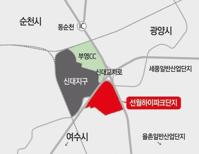 순천 신대지구 옆에 위치한 선월지구 위치도. 광양만권경제자유구역청 제공.