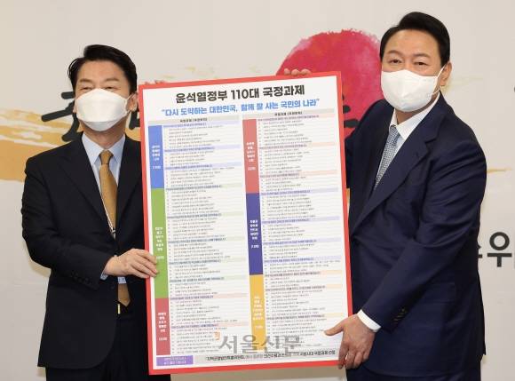 윤석열(오른쪽) 당시 20대 대통령 당선인이 2022년 5월 3일 오전 서울 종로구 삼청동 대통령직인수위원회에서 열린 전체 회의에서 안철수(왼쪽) 당시 인수위원장으로부터 인수위가 준비한 국정과제를 전달받고 있다. 2022. 5. 3 서울신문DB