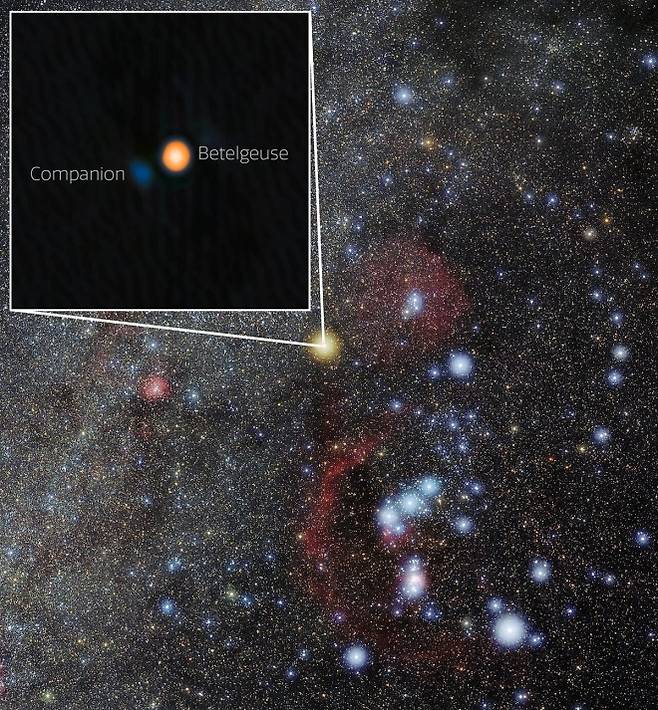 밤하늘의 베텔게우스와 동반성의 위치.  International Gemini Observatory/NOIRLab/NSF/AURAImage Processing: M. Zamani (NSF NOIRLab)