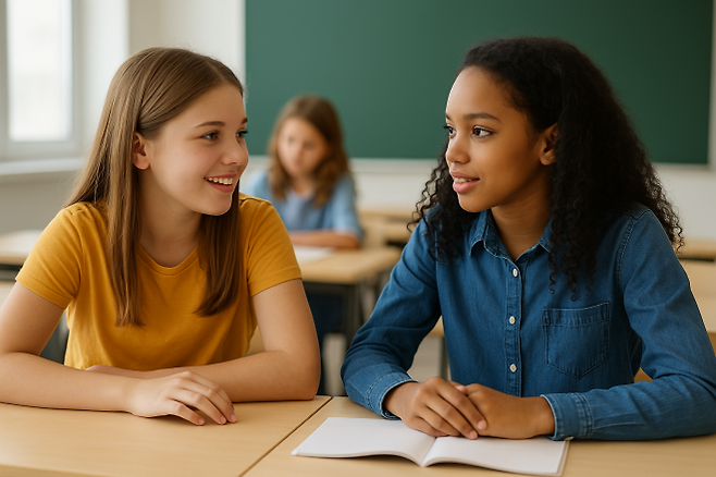인공지능(AI)으로 생성한 이미지. 미국의 한 초등학교 교실에서 두 여학생이 나란히 앉아 대화를 나누고 있는 모습. 데릭 허프먼은 딸이 이런수업 중 또래 친구에게서 ‘레즈비언 관계’ 이야기를 들었다는 사실에 충격을 받고 미국을 떠나 러시아로 이주했다.