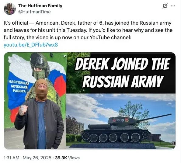 러시아 군 입대를 공식 발표한 데릭 허프먼. 허프먼은 2025년 5월 엑스(옛 트위터)를 통해 자신이 러시아군에 입대했으며, 곧 부대에 배치될 예정이라고 밝혔다. 그는 “시민권 취득을 앞당기고 새로운 조국의 존경을 얻기 위해 군에 자원했다”고 말했다. 출처=엑스