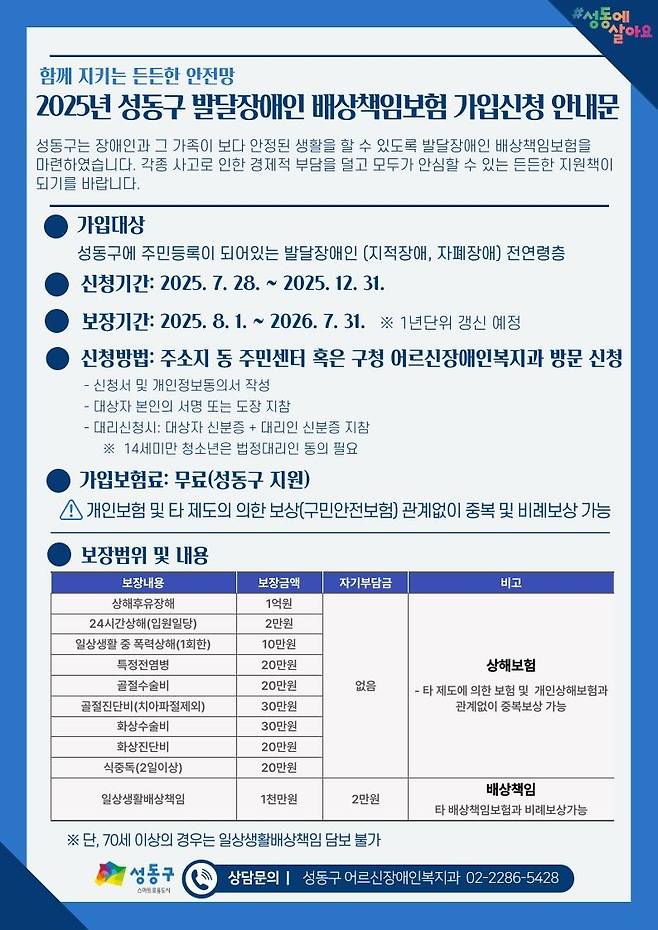 성동구 발달장애인 배상책임보험 가입 신청 안내문 [성동구 제공. 재판매 및 DB 금지]