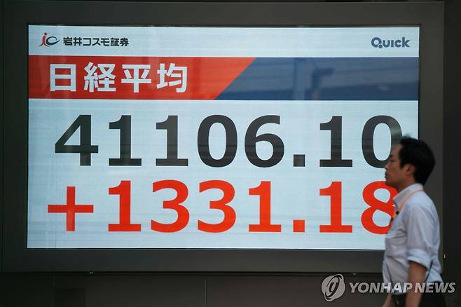 급등한 닛케이지수 [AFP 연합뉴스 자료사진. 재판매 및 DB 금지]