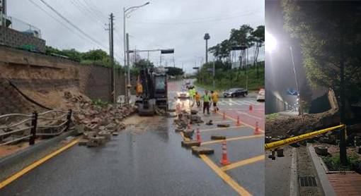 지난 2020년 8월 보강토 공법으로 시공된 양산동 양산로 391번길 서부우회로 아래 지하차도 맞은편 우신그린맨션 측벽 옹벽이 붕괴된 모습(왼쪽)과 앞서 2018년 9월 22일 이번 사고 맞은편 성철환경 측벽 옹벽이 붕괴된 모습.(오른쪽 세로 사진). [사진=오산시]