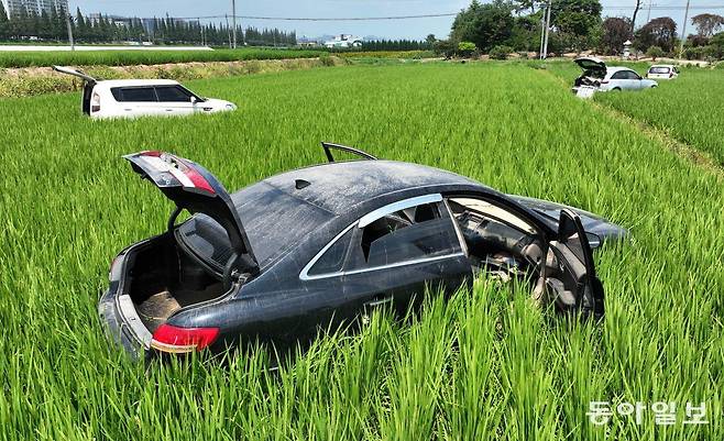 논 한 가운데 있는 차량의 앞문이 모두 열려 있다. 사고 당시 피해자가 탈출하거나 구조된 흔적으로 추정된다. 서산=양회성 기자 yohan@donga.com