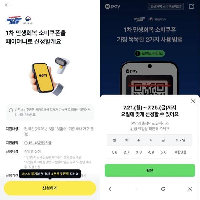 카카오페이(왼쪽)와 네이버페이의 '민생회복 소비쿠폰' 신청 안내 화면. 각 앱 화면 캡처