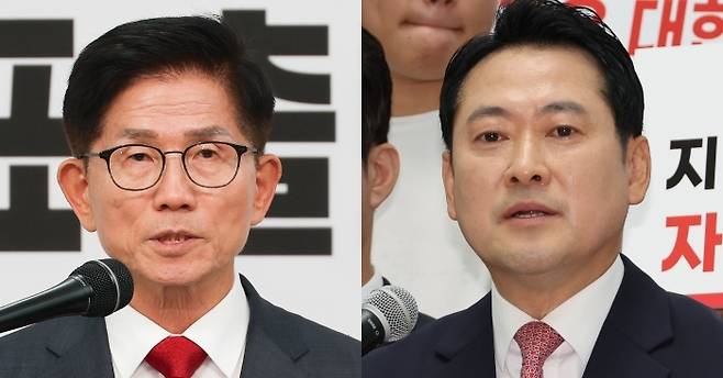 국민의힘 당 대표 선거에 출마한 김문수 전 고용노동부 장관(왼쪽)과 장동혁 의원. 권도현 기자·연합뉴스