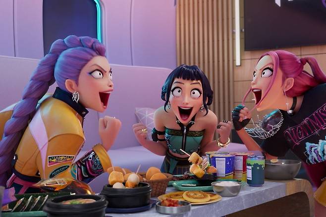 A scene from KPop Demon Hunters  shows naengmyeon on the left-hand corner of the table (Netflix)