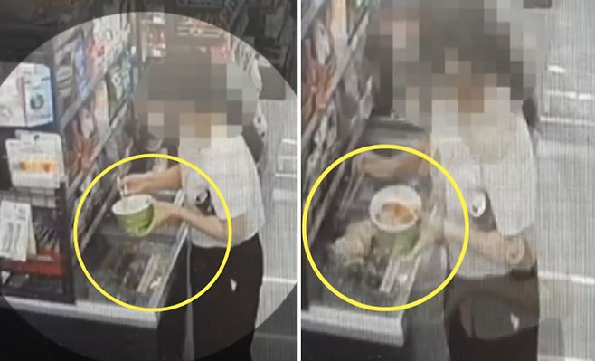 지난 22일 경기 평택 소재의 한 편의점에서 한 여성이 편의점 냉동고 위에 라면 국물과 면발을 쏟아붓고 있다. [사진출처=JTBC ‘사건반장’ 캡처]