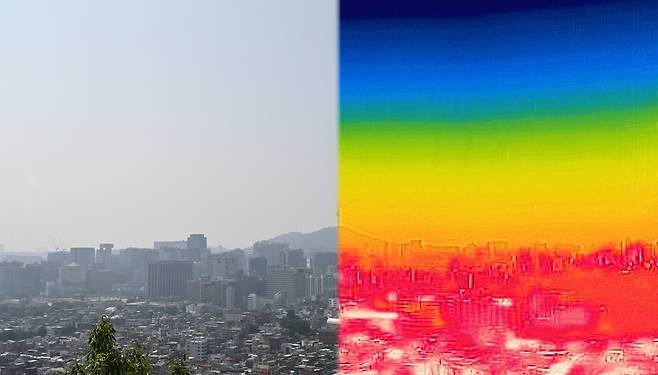 서울 지역에 폭염경보가 발효 중인 8일 오전 서울 종로구 북악산에서 열화상 카메라로 바라본 도심 일대가 열기로 인해 빨간색을 나타내고 있다. 열화상 카메라로 촬영된 사진은 기온이 높을수록 빨간색, 기온이 낮을수록 파란색을 나타낸다. 사진은 일반 카메라로 촬영된 사진(왼쪽)과 열화상 카메라로 촬영된 사진을 합성했다. 임세준 기자