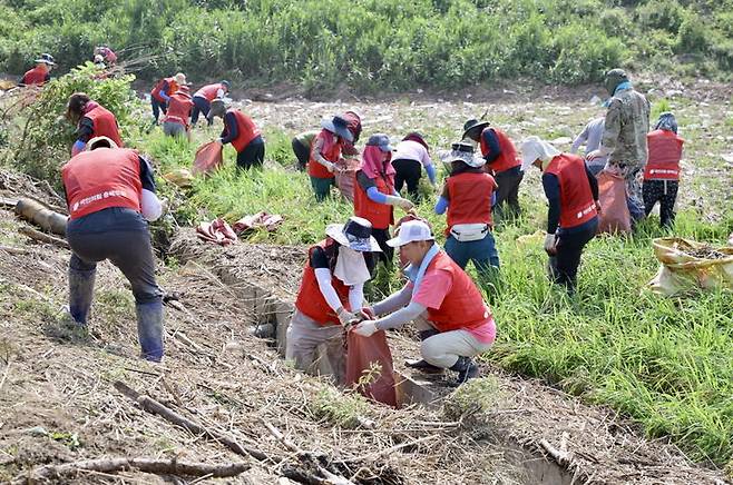 [공주=뉴시스] 집중호우 피해 복구에 자원봉사자들이 구슬땀을 흘리고 있다.(사진=공주시 제공). 2025.07.24. photo@newsis.com  *재판매 및 DB 금지