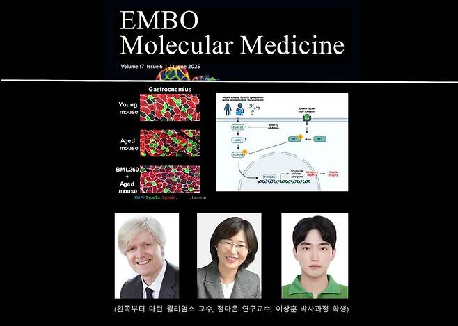 [광주=뉴시스] GIST 생명과학과 연구팀이 나이 들수록 빠지는 근육을 되살려 줄 근육 회복의 스위치 역할을 해줄 단백질을 세계 최초로 발견하고 치료제 후보까지 제시했다. (사진 하단 왼쪽부터) 윌리엄스 교수, 정다운 연구교수, 이상훈 박사과정생. (사진=지스트 제공) photo@newsis.com  *재판매 및 DB 금지
