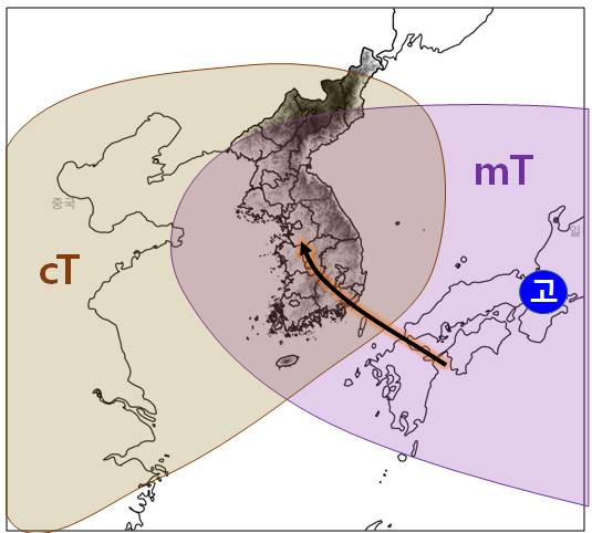 열돔에 갇힌 한반도(mT : 북태평양고기압, cT : 티베트고기압) [기상청 제공]