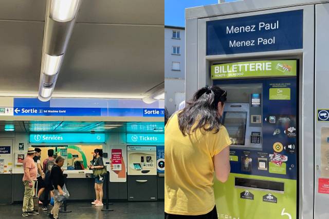 ▲프랑스 브레스트 트램 무인 구매기기(왼쪽)와 프랑스 파리 지하철역 Villejuif Louis Aragonr 유인티켓 판매소(오른쪽). 어느 곳이든 카드와 현금으로 구매가능하다. ⓒ박진선