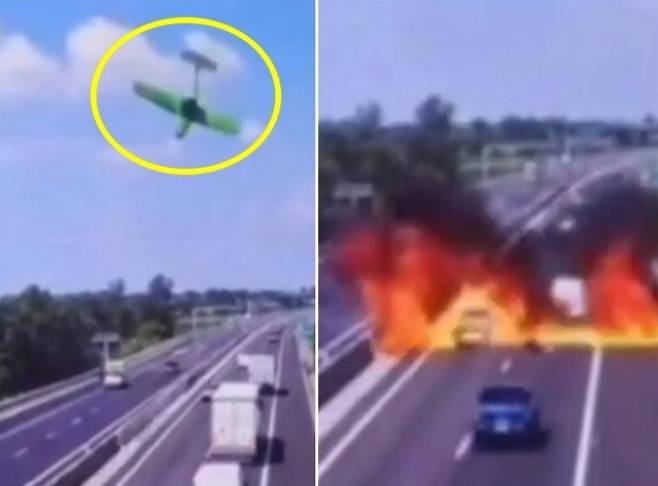 이탈리아  현지 시간으로 22일 북부 룸바르디아주(州) 브레시아에 있는 한 고속도로로 경비행기가 추락했다. CCTV 영상 캡처