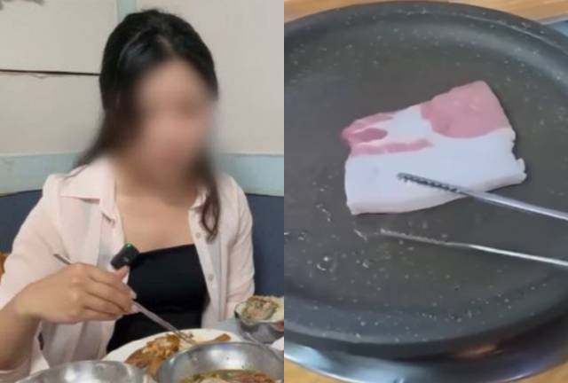 여수의 한 식당에서 무례한 대응을 받은 유튜버(왼쪽)와 울릉도 한 식당의 비계 삼겹살. 사진=유튜브 '유난히 오늘' 캡쳐, JTBC 사건반장