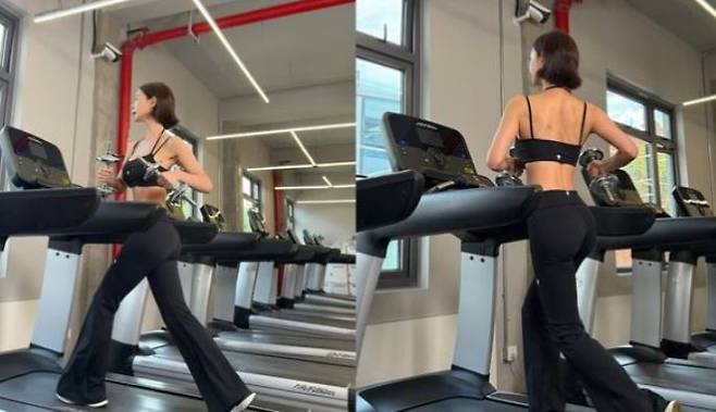 클라라가 덤벨을 들고 러닝머신 위를 뛰고 있다. [사진=클라라 SNS]