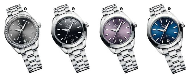 ④씨마스터 아쿠아 테라 30mm, 스틸 및 스틸, 11개의 다이아몬드 아워 마커. 스위스 계측학 연방학회(METAS)에서 실시한 업계 최고 수준의 테스트를 통과한 오메가 코-액시얼 마스터 크로노미터 칼리버 8750을 통해 세련된 비율을 구현. ⑤유광 및 래커 처리된 블랙 다이얼 씨마스터 아쿠아 테라 30mm, 6시 방향에 원형 날짜창이 자리하고 11개의 보트 선체 모양 인덱스와 새롭게 각면 처리한 핸즈가 돋보인다. ⑥씨마스터 아쿠아 테라 30mm, 스틸 및 스틸, 태양광 패턴의 틴트 래커로 컬러를 더한 라벤더 다이얼로 6시 방향에 원형 날짜창이 자리하고 있다. 모든 아플리케 디테일과 핸즈는 18K 화이트 골드로 제작. ⑦씨마스터 아쿠아 테라 30mm, 스틸 및 스틸, 태양광 패턴의 PVD 컬러 및 래커 처리 된 블루 다이얼, 인덱스와 핸즈에는 푸른 빛을 발산하는 화이트 수퍼 루미노바가 채워져 있다. /오메가 제공