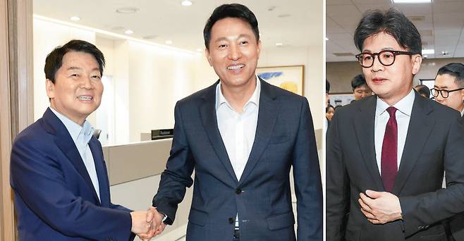 국민의힘 당 대표 선거에 출마한 안철수 의원(왼쪽 사진 왼쪽)이 24일 서울시청에서 오세훈 서울시장과 만나 악수하고 있다. 안 의원은 오 시장과 인적 쇄신 등 당 혁신 필요성에 대한 공감대를 이뤘다고 밝혔다. 오른쪽 사진은 국민의힘 한동훈 전 대표가 올 4월 10일 국회에서 이동하는 모습. 한 전 대표는 24일 당 대표 선거 불출마를 선언했다. 뉴시스·뉴스1