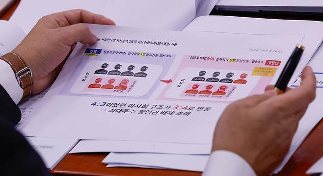 11일 오후 서울 여의도 국회 법제사법위원회 회의실에서 열린 상법 개정안 관련 공청회에서 김용민 법안심사제1소위원장이 정우용 한국상장회사협의회 정책부회장 진술을 들으며 자료를 보고 있다. 2025.7.11/뉴스1