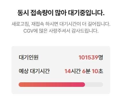 '영화 6천원 할인권' 신청자 폭주/사진=CGV 공식 누리집 접속화면