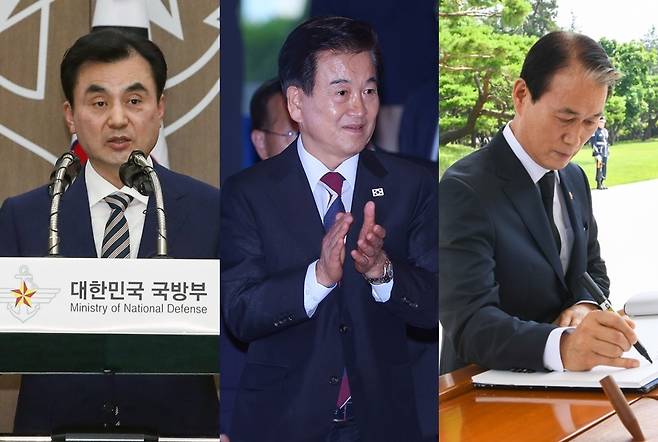 From left: Defense Minister Ahn Gyu-back, Unification Minister Chung Dong-young and Veterans Affairs Minister Kwon Oh-eul (Yonhap)