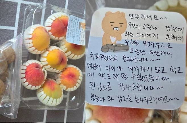 폭우와 강풍으로 등굣길에 우산이 고장 나 난처해하던 여고생들에게 자신의 우산을 건네준 40대 가장이 이들의 부모로부터 감동적인 선물을 받은 사연이 공개돼 화제다. [사진출처 = 온라인 커뮤니티]