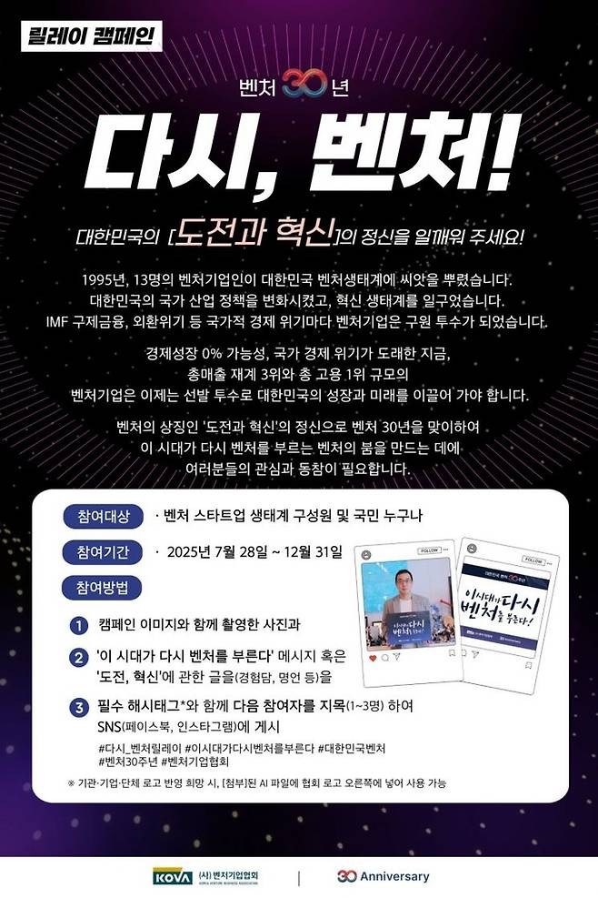 벤처기업협회가 ‘벤처 30주년’을 맞아 릴레이 캠페인을 진행한다. [사진 제공=벤처기업협회]