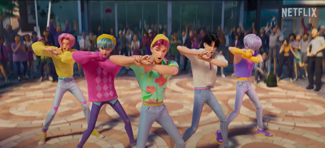 영화 '케이팝 데몬 헌터스'에서 보이그룹 '사자보이즈'가 '소다팝' 노래에 맞춰 군무를 추고 있다. / 넷플릭스 유튜브 캡처
