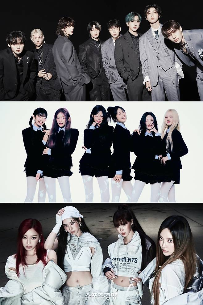 더팩트 뮤직 어워즈에 참가하는 스트레이키즈(위 부터), 아이브, 에스파. 각 소속사 제공