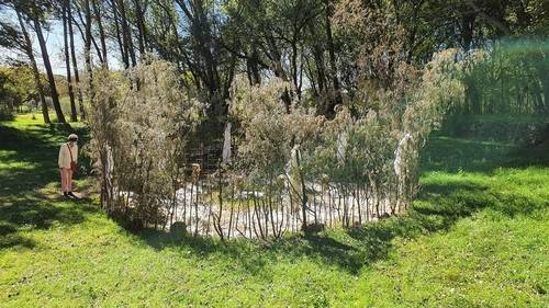 팬데믹 때 남아공 전통적 치료장소를 형상화한 작품. 흰 천과 동물 해골이 걸려있다  [연합뉴스 자료사진. 재판매 및 DB 금지]