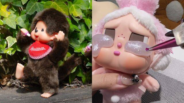 세키구치의 인형 '몬치치'와 팝마트가 출시한 '크라이베이비' 인형. SNS의 한 이용자가 크라이베이비의 눈물에 메니큐어를 바르고 큐빅을 붙여 꾸미고 있다. 세키구치 제공·SNS 캡처