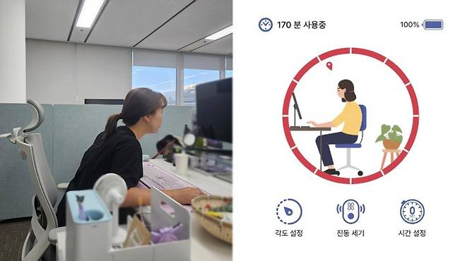 ‘자세 교정’ 초반, 모니터에 들어갈 듯이 고개를 앞으로 뺀 자세로 거북이처럼 일을 하고 있다. 고개 각도가 숙여지면 ‘거북목 알림’ 앱에 ‘빨간불’이 들어온다.