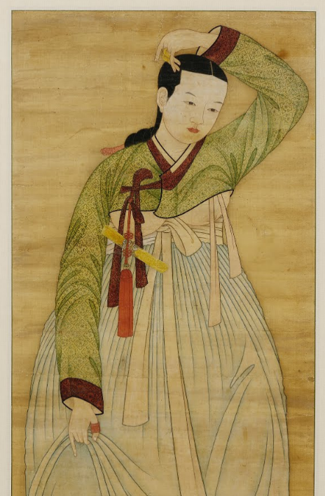 조선시대 미인도(19세기, 비단에 채색). 작가 미상의 작품으로 조선 후기 유행했던 극단적으로 짧은 저고리 복식을 잘 보여준다. 2025년의 눈으로 봐도 아직 이른 감이 있는 언더붑 패션에 내면의 유교 보이가 깨어난다. 동아대학교 석당박물관 소장. [사진 출처=공공 저작물]