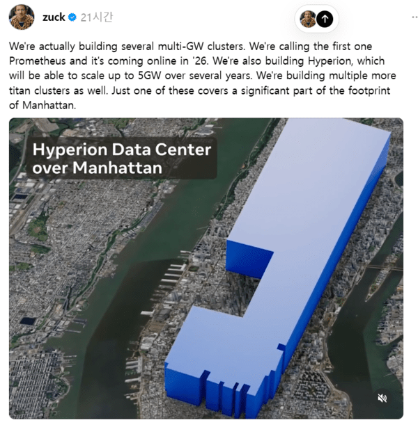 마크 저커버그 메타 CEO는 14일(현지시각) 자신이 운영하는 소셜미디어 서비스 ‘스레드’에 5GW 규모 초대형 AI 데이터센터 계획을 내놨다.