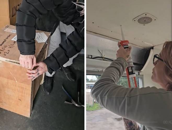 2층 버스 내부를 직접 개조하고 있는 스테프의 모습. 틱톡 캡처