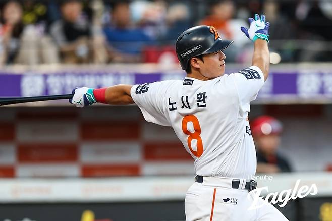 한화 노시환이 9일 대전 한화생명 볼파크에서 열린 2025 KBO리그 KIA전에서 안타를 때리고 있다. 사진 | 한화 이글스