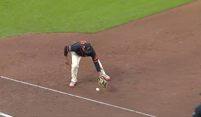 1루수 라파엘 데버스가 6회초 1사 1,루서 브렛 베이티의 땅볼을 잡았다 놓치고 있다. 사진=MLB.TV 캡처