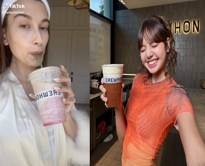 친환경 유기농 식품을 취급하는 미 유기농 마트 '에레혼'의 음료를 마시는 헤일리 비버와 블랙핑크 리사. 헤일리 비버·블랙핑크 리사 SNS.