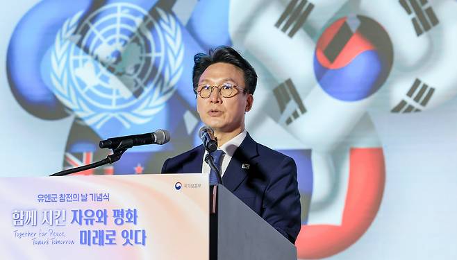 김민석 국무총리가 27일 오전 경기 고양시 킨텍스 제2전시장에서 열린 2025년 유엔군 참전의 날 기념식에서 기념사를 하고 있다. 이날 행사에는 6.25참전용사, 참전국 주한 외교사절, 유엔군 관계자 등 1000여명이 참석했다. 2025.7.27 /박성원 기자