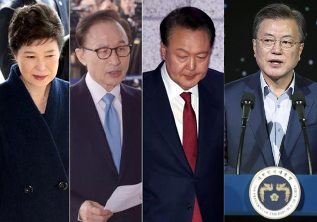 박근혜(완쪽부터)·이명박·윤석열·문재인 전 대통령. 한국일보 자료사진