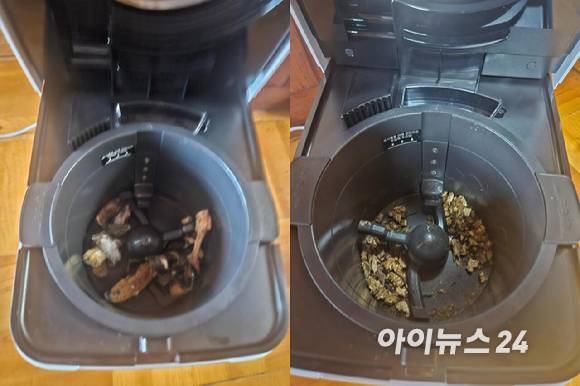 스마트카라 '블레이드X AI' 음식물 처리 전(왼쪽)과 후(오른쪽) 비교. 음식물이 하얀 가루와 덩어리 형태로 완전히 분쇄됐다. [사진=설재윤 기자]