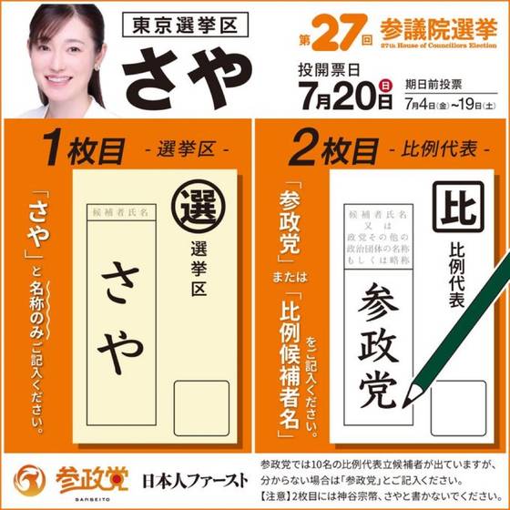 시오이리 사야카(43) 참정당 의원은 지난 20일 실시된 일본 참의원(상원) 선거에 본명 대신 예명인 '사야'로 출마해 화제를 모았다. 선거 포스터와 투표 용지에서도 사야를 히라가나로 쓴 'さや'라고 했다. 사진 엑스 캡처