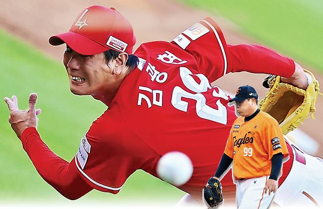 SSG 김광현이 지난 26일 한화 류현진(작은 사진)과 사상 첫 선발 격돌해 완승한 뒤 “다음에는 둘 다 좋은 컨디션에서 붙어 나란히 최고의 투구를 하고 싶다”고 말했다. 연합뉴스